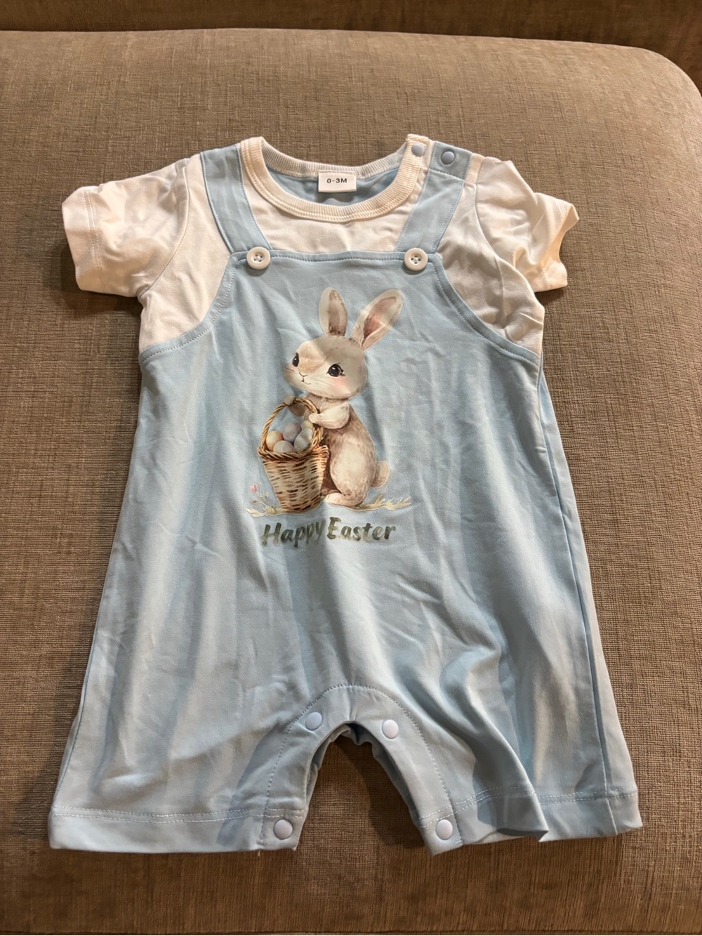 Baby Boy 0-3M Easter Bunny Overall Romper Light Blue White Happy Easter Outfit